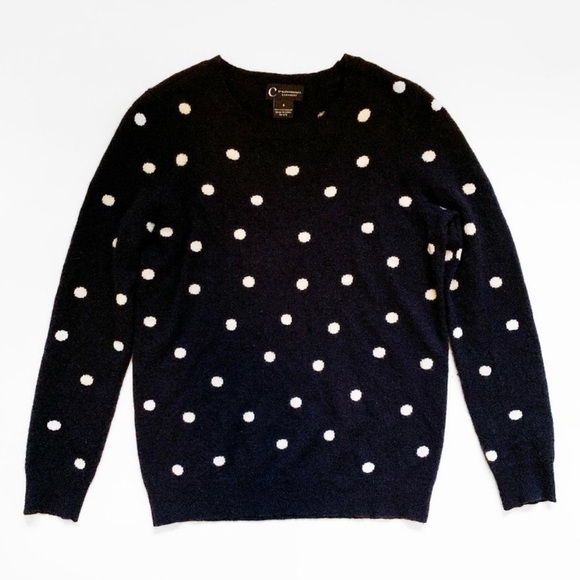 C By Bloomingdale's Sz S 2 Ply 100% cashmere Navy Polka Dot Crew Neck Sweater - Picture 1 of 6